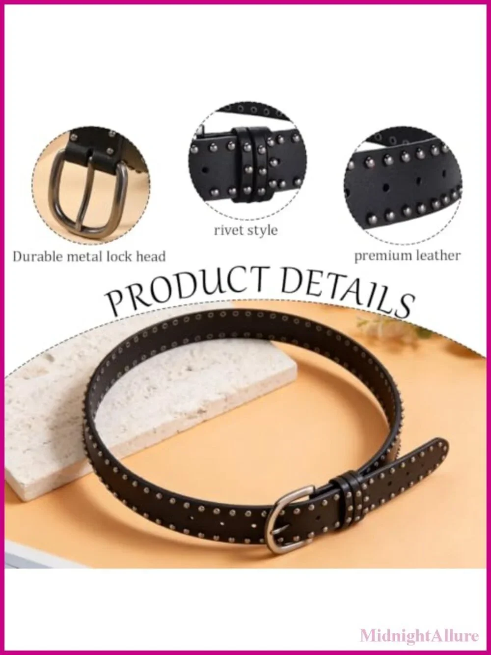 Metal-Accented Leather Belt, Wide Studded Western Waist Belt for Women